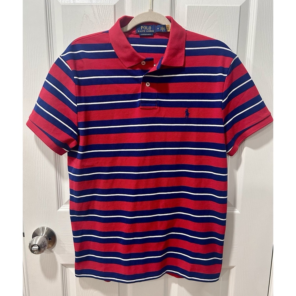 Polo By Ralph Lauren Polo Shirt Red & Blue Striped Size Medium Slim Fit Golf